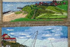 "Himmel - hav - strand i Lønstrup"  tekstilkunst af Bente Theilsby -  størrelsen: 28x22