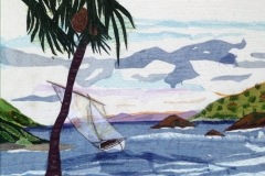 "Pelican Bay Caribbean" tekstilkunst af Bente Theilsby - størrelsen: 30x40