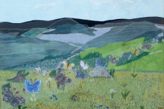 "Sommerfugle dalen" tekstilkunst af Bente Theilsby - størrelsen:  30x40
