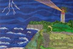 "Ved Vesterhavet - nat" tekstilkunst af Bente Theilsby - størrelsen: 40x50