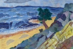"Ved Vesterhavet - dag" tekstilkunst af Bente Theilsby - størrelsen: 40x50