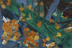 "Efterårsskovbund" tekstilkunst af Bente Theilsby - størrelsen: 40x40