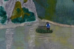 "Sejlads på bjergflod" tekstilkunst af Bente Theilsby - størrelsen: 44x33
