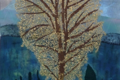 "Træ i sollys" tekstilkunst af Bente Theilsby - størrelsen: 80x60