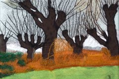 "Vinden i piletraeerne" tekstilkunst af Bente Theilsby - størrelsen: 35x45