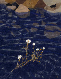 "Vandranunkel og strandstene" tekstilkunst af Bente Theilsby - størrelsen: 50x40
